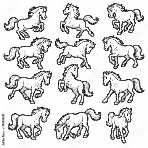 Horses in motion, various poses, black and white outline