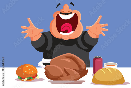 Greedy Hungry Man Ready to eat Roasted Turkey Vector Cartoon. gourmand guy having a huge appetite craving for a huge meal
