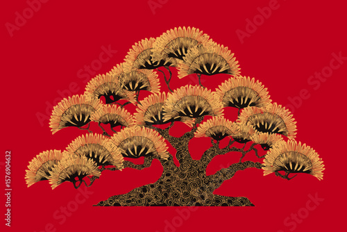 Elegant Golden Chinese Bonsai Tree on Red Background – Stylized Vector for Presentation and Decoration