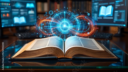 Open book emitting light with computers symbolizing futuristic knowledge and digital education, blending learning with technology in a captivating display.