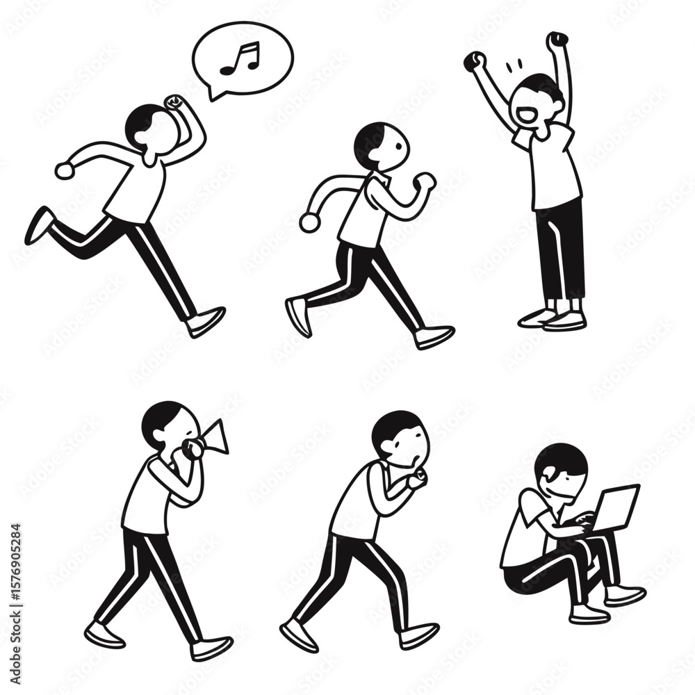 Fototapeta premium Expressive Hand-Drawn Stick Figure Character Set in Black and White Showing Emotions, Gestures, and Everyday Actions for Cartoon Illustration and Concept Design