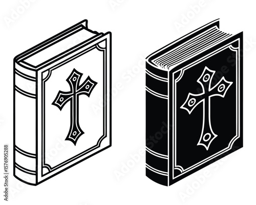 Black and white illustrations of two isometric books with ornate christian cross symbols on the cover.