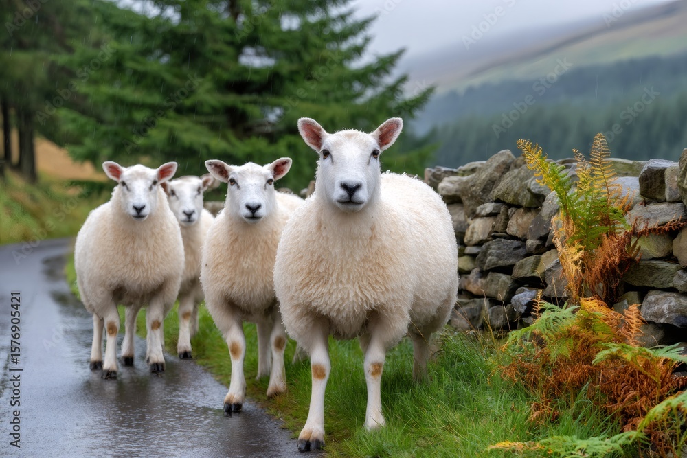 Obraz premium Sheep walking on a road in the Yorkshire Dales National Park