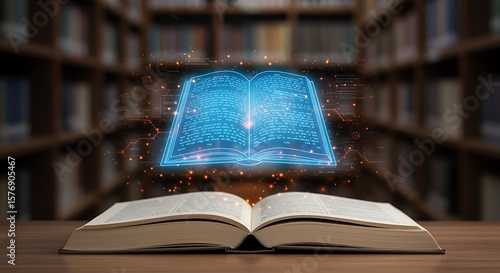 Old book and futuristic glowing ebook in a library, illustrating technology and knowledge transfer, a fusion of tradition and innovation.