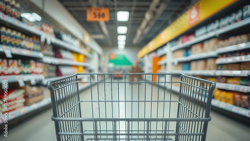Wallpaper Mural Empty metal shopping cart in a supermarket aisle, highlighting clean commercial environments. Torontodigital.ca