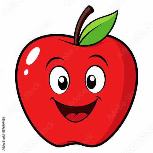 Animated red apple with minimalist charm, displaying a tempting bite and a friendly facial expression. Its clean, flawless design, with contrasting stem and leaves, exudes freshness 