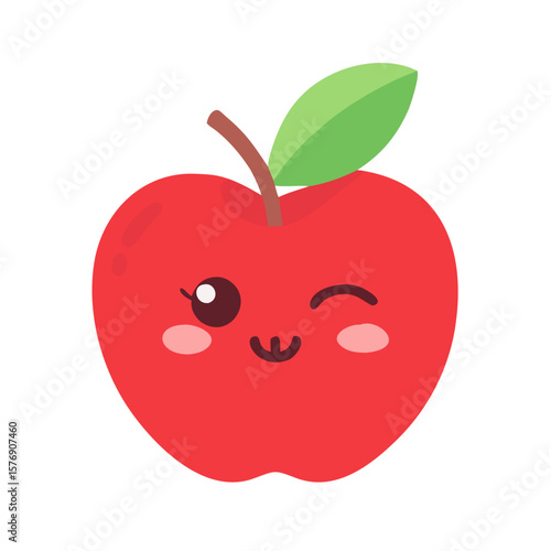Animated red apple with minimalist charm, displaying a tempting bite and a friendly facial expression. Its clean, flawless design, with contrasting stem and leaves, exudes freshness 
