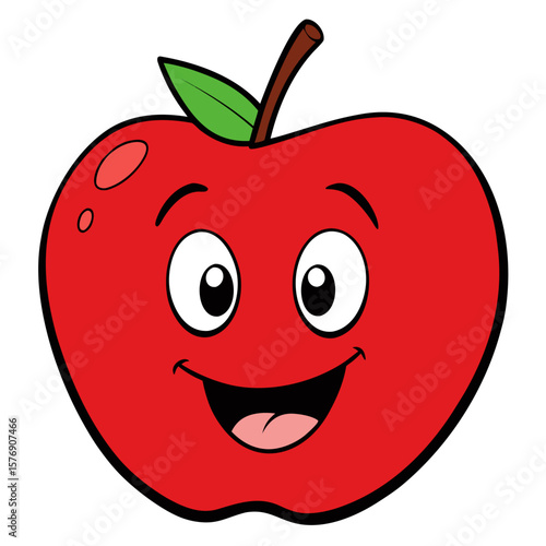 Animated red apple with minimalist charm, displaying a tempting bite and a friendly facial expression. Its clean, flawless design, with contrasting stem and leaves, exudes freshness