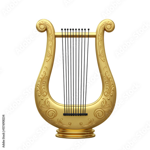 Golden Lyre Musical Instrument Ancient Harp Elegant on Transparent Background