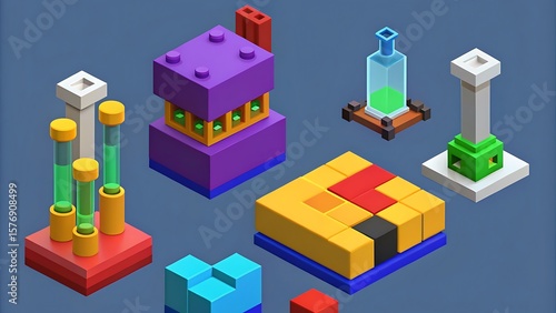 Isometric illustration of toy science lab elements made with colorful plastic building blocks on dark background
