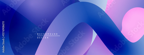 Abstract fluid shapes overlap, creating vibrant purple, blue, pink gradients. Modern design evokes movement, depth.
