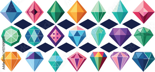 Vector art of a vibrant collection of colorful faceted gemstones arranged in a decorative pattern.