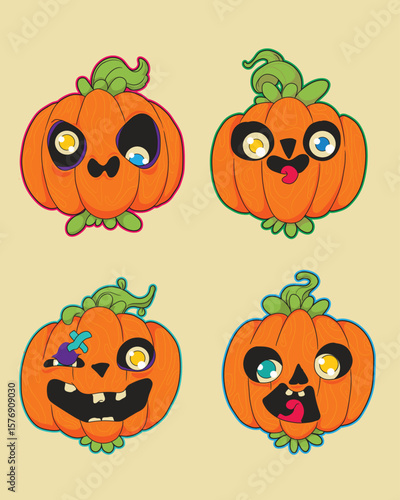 Funny cute Halloween pumpkin faces set with quirky silly expressions perfect for party decorations greeting cards stickers apparel prints and creative spooky projects to brighten autumn and Halloween 
