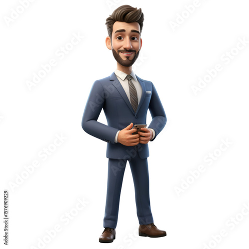 Friendly 3D Businessman Character Smiling and Holding a Smartphone, AI Generated
