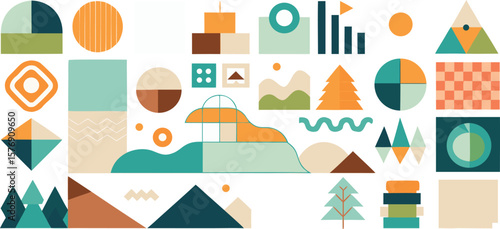 Vector art of a collection of abstract geometric shapes and patterns in a modern, minimalist style.