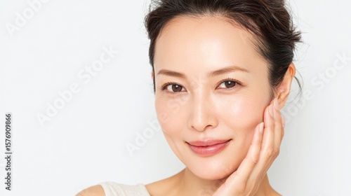 スキンケアをする女性のポートレート。　美容｜スキンケア, エイジングケア, 女性,, 笑顔, 美肌, ポートレート