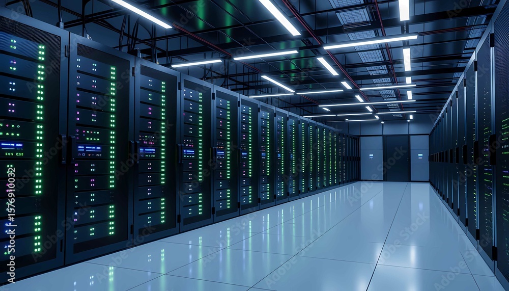 Fototapeta premium A secure server room illuminated by moody dark lighting, emphasizing the complexity of a global network system
