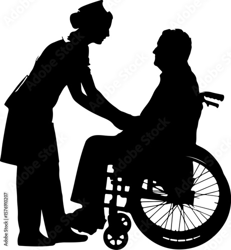 "Supportive Nurse Assisting Patient in Wheelchair – Caregiver Silhouette Illustration"