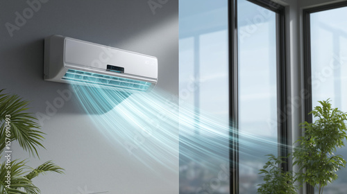 Moderne Klimaanlage im Wohnzimmer mit sichtbarem Luftstrom bei Sommerhitze. Künstliche Intelligenz KI