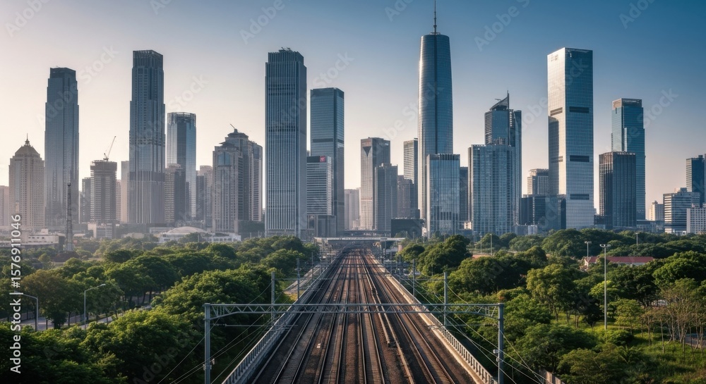 Obraz premium Modern City Skyline with Railway Tracks and Lush Greenery