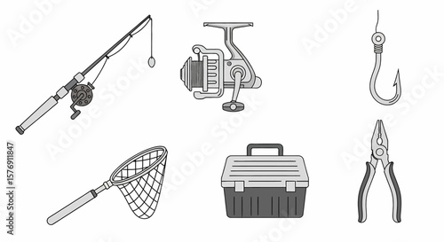 A set of monochrome fishing equipment including rod, reel, net, hook, box, and pliers displayed together.