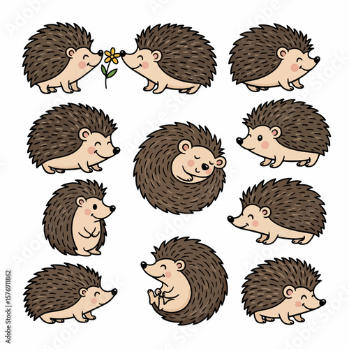 Cute hedgehogs in various poses, playful animal characters