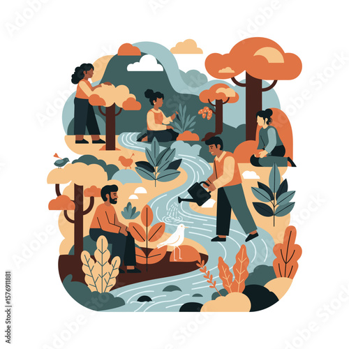 Flat Vector Illustration of people socializing with floral background and river