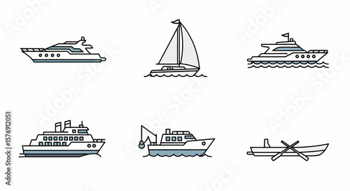 Various boats illustrations represent transportation, leisure, and maritime activities