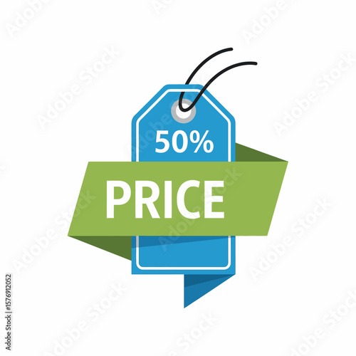Price tag showing fifty percent discount offer for sales promotion