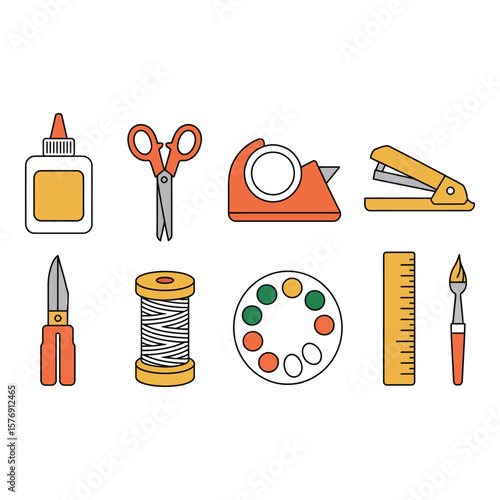 Collection of crafting and art supplies including glue bottle scissors tape dispenser stapler thread spool paint palette ruler and paintbrush