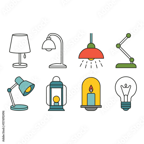 Collection of diverse lighting fixtures including desk lamps a pendant light a lantern a candle and a light bulb