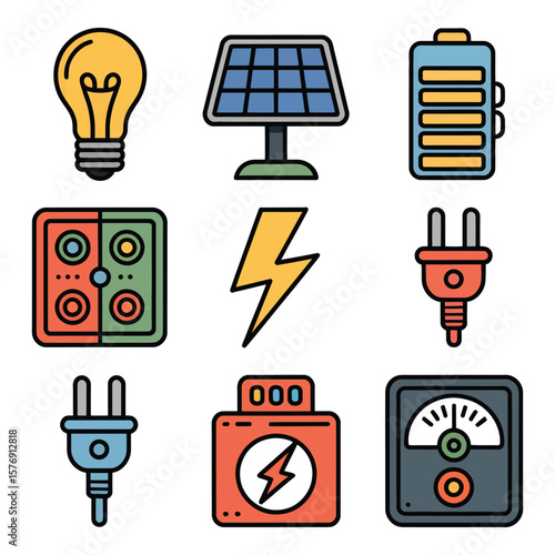 Collection of electrical icons including a light bulb solar panel battery plugs and meter