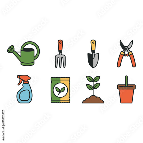 Collection of gardening tools and supplies including a watering can trowel fork pruners spray bottle seed packet seedling and pot