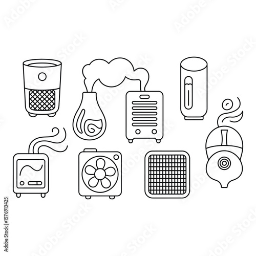 Collection of line art icons representing various home appliances for air quality and comfort