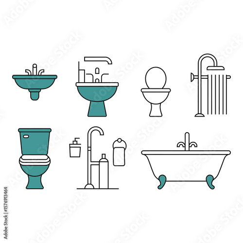 Collection of modern bathroom fixtures and accessories depicted in a clean minimalist line art style