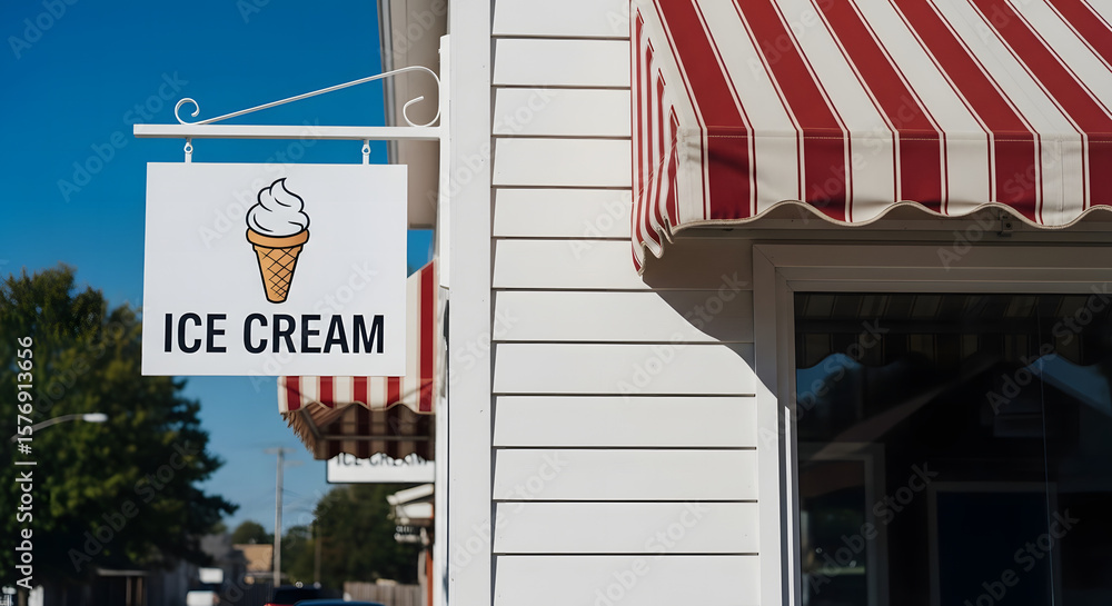 Naklejka premium An inviting ice cream shop sign hangs on a white building with a red and white striped awning beckoning customers inside.