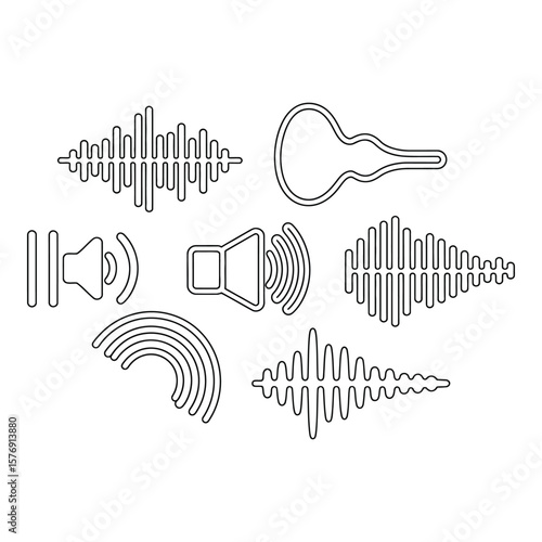 Collection of stylized sound wave and speaker icons representing audio and sound technology