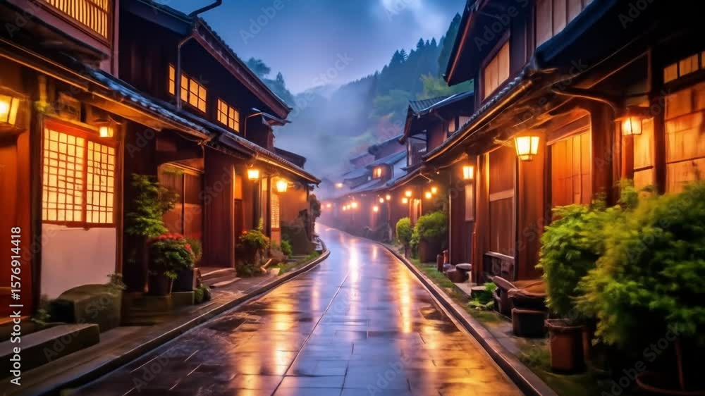 Rainy Night Street In Japanese Village Rainy Night Street In Japanese Village