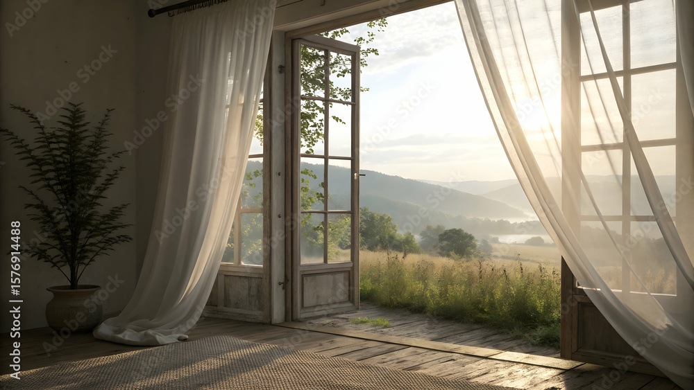 Fototapeta premium Serene morning light filters through sheer curtains of an open door, revealing a breathtaking view of rolling hills and distant mountains.