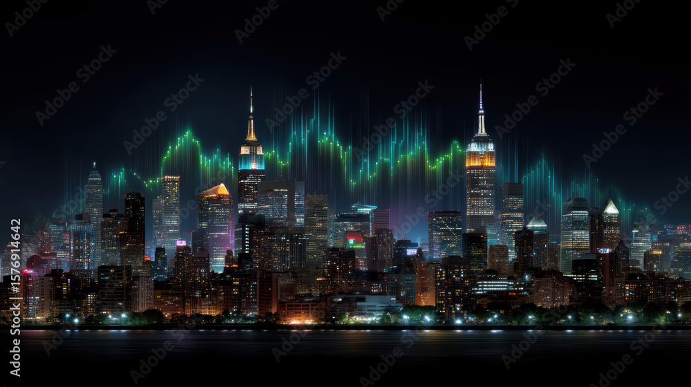 Fototapeta premium Vibrant city skyline at night with glowing lights and digital graph overlay, symbolizing financial growth