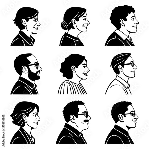Set of Black Silhouette Portrait Icons of Diverse People – Minimalist Vector Style on White Background