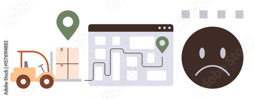 Forklift moving boxes, delivery route on screen, and frowning face reflecting delayed shipments. Ideal for logistics, shipping, supply chain, delivery issues, customer dissatisfaction, business