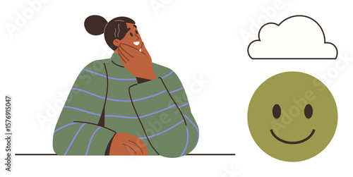 Woman resting chin on hand, gazing in thought, next to a cloud shape and a smiling face. Ideal for creativity, mindfulness, emotion, well-being, dreaming positivity mental health. Simple flat