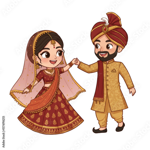 Indian Wedding Cartoon Illustration Bride Groom Celebration Togetherness