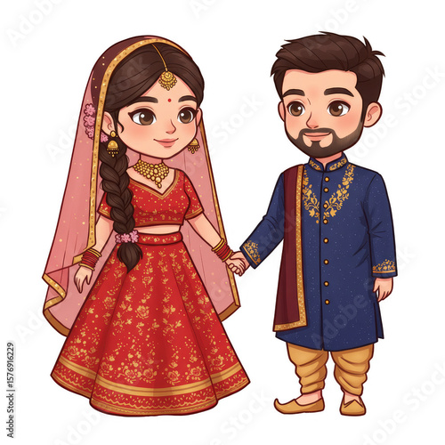 Indian Wedding Couple Illustration Bride and Groom Cartoon Style