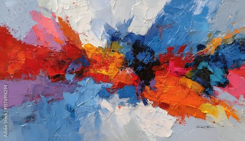 Bold textured abstract painting with colorful brush strokes on white background


