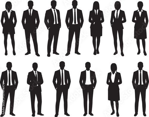 Silhouette of Corporate Professionals Group in Business Outfits Standing on White Background