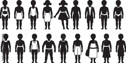 Silhouettes of Girls and Boys in Different Outfits Diverse Fashion Styles on White Background