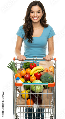 Isolated Cheerful Woman with Shopping Cart Full of Grocery on Transparent Background