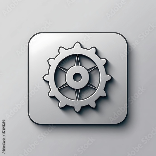Silver Wheel of Dharma Symbol on Square Button, Metallic Dharmachakra Icon with Depth on a Gray Background